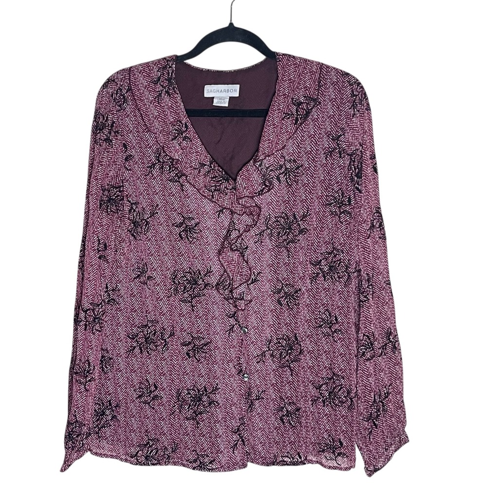Sag‎ Harbor Womens Burgundy Floral Herringbone Button Front Blouse Shirt Size L